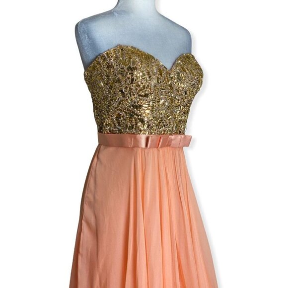 La Femme $480 NWT 19282 Apricot Beaded Chiffon Strapless Formal Gown Sz 14 - Picture 7 of 16